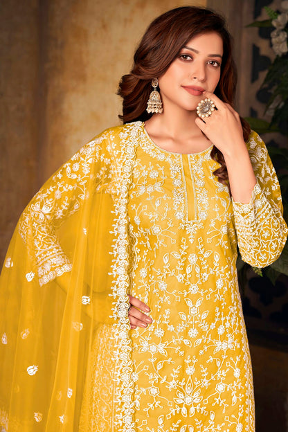 Yellow Colour Plazoo Pant Suit Net Semi Stitched VSSM1050527