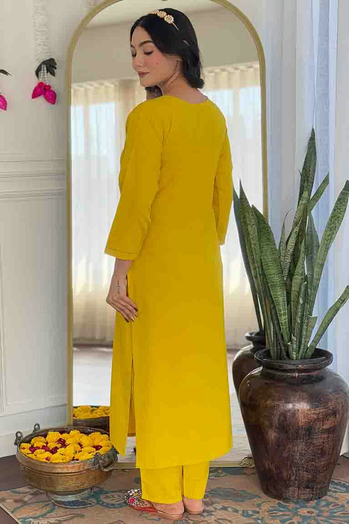 Yellow Colour Rayon Embroidery Pant Style Suit VSSS1113647
