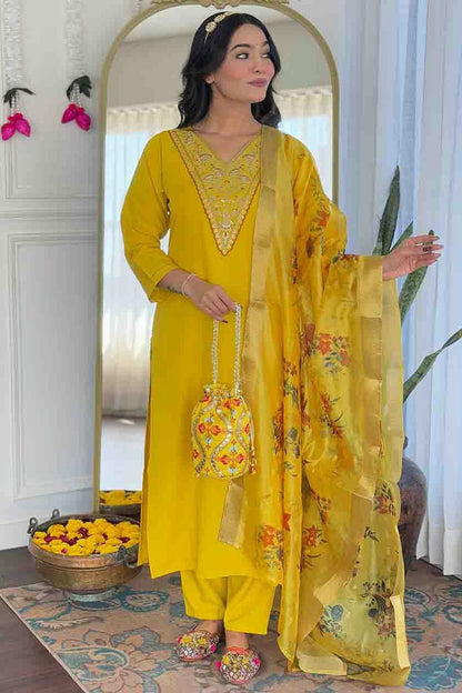 Yellow Colour Rayon Embroidery Pant Style Suit VSSS1113647