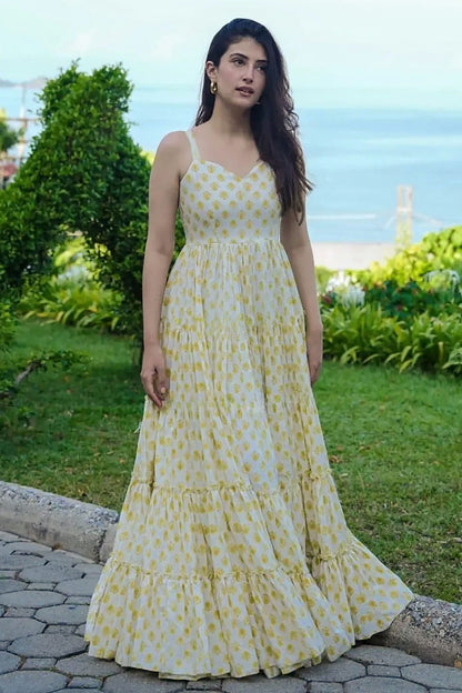 Yellow Colour Rayon Stitched Gown VSGW1112309