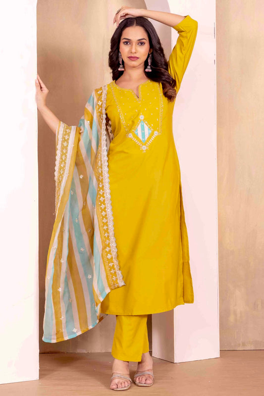 Yellow Colour Roman Silk Stitched Suit VSSS1113305