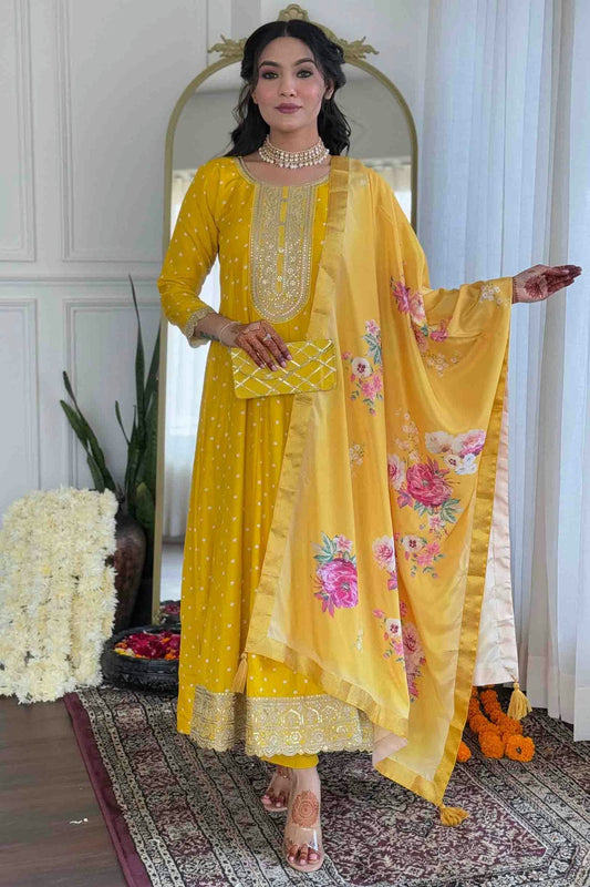 Yellow Colour Silk Blend Stitched Suit VSSS1112996