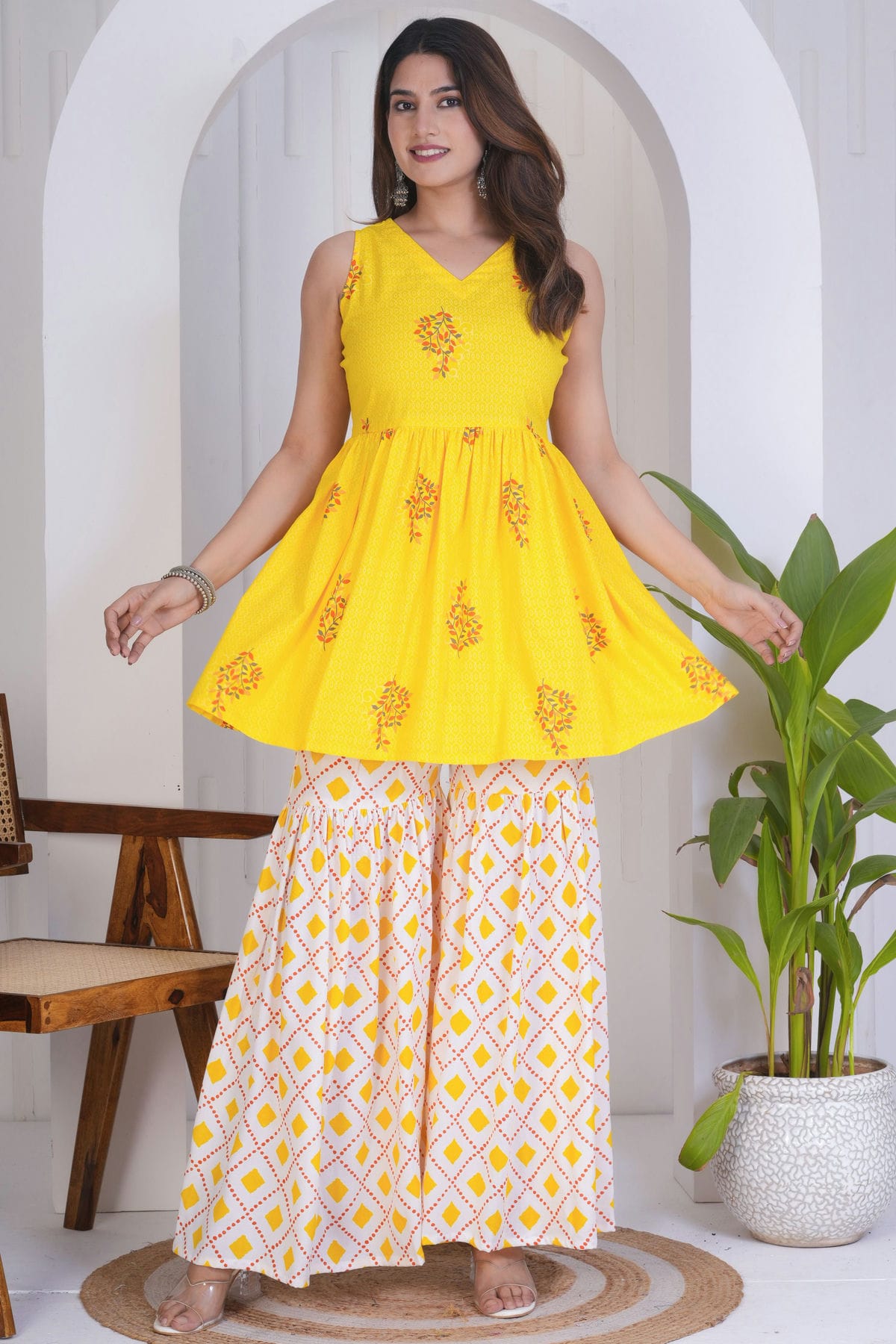Yellow Colour Stitched Rayon Top and Bottom VSTP1112414