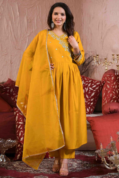 Yellow Colour Viscose Chanderi Stitched Pant Style Suit VSSS1113886