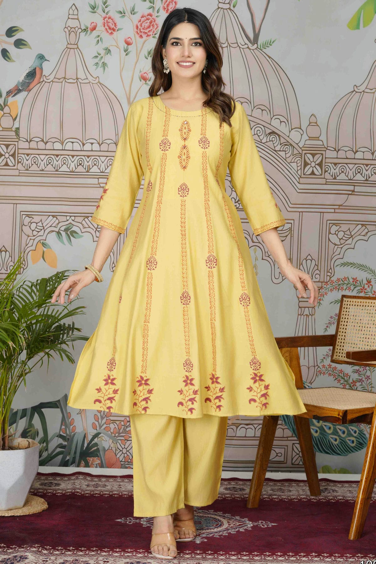 Yellow Colour Viscose Roman Silk Stitched Top and Bottom VSSS1113946