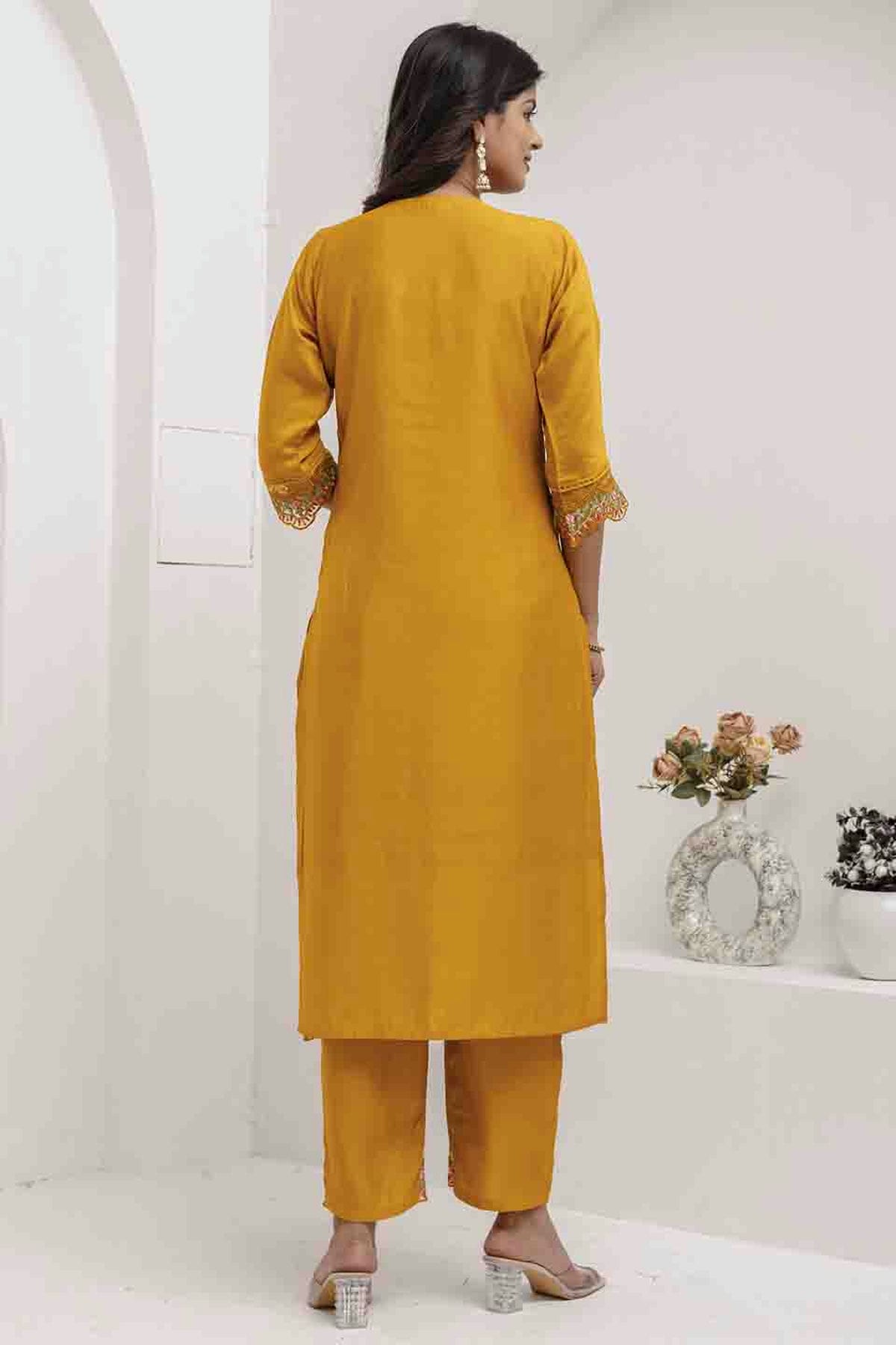Yellow Colour Viscose Silk Embroidery Pant Style Suit VSSS1113621