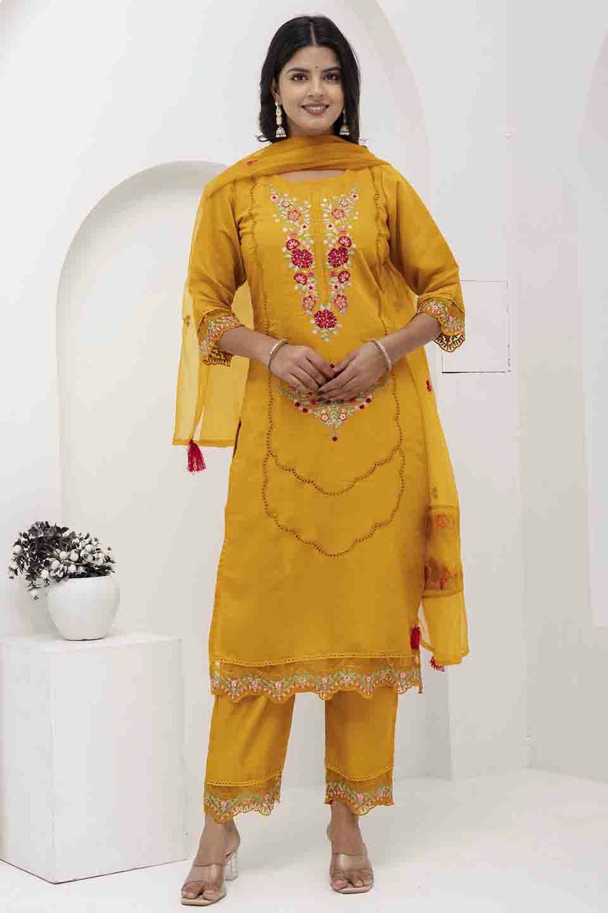 Yellow Colour Viscose Silk Embroidery Pant Style Suit VSSS1113621