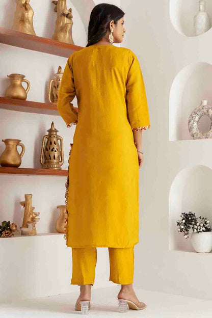 Yellow Colour Viscose Silk Embroidery and Woven Work Pant Style Suit VSSS1113682