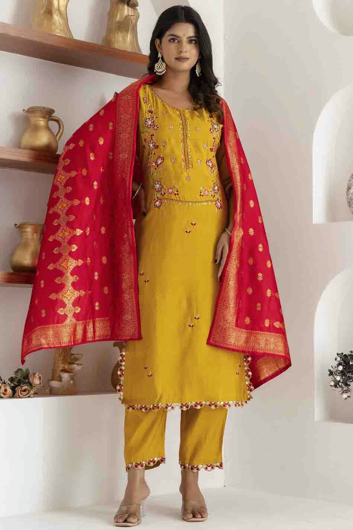 Yellow Colour Viscose Silk Embroidery and Woven Work Pant Style Suit VSSS1113682