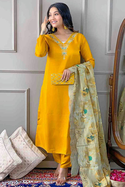 Yellow Colour Viscose Stitched Pant Style Suit VSSS1113782