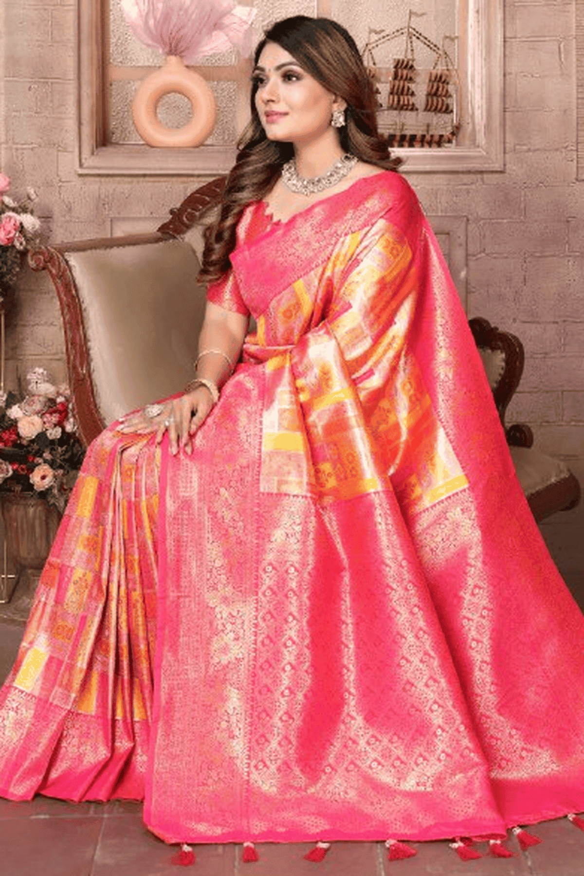 Yellow Colour Woven Work Banarasi Chaturi Silk Traditional Saree