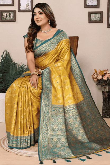 Yellow Colour Woven Work Pure Banarasi Tissue Silk Traditional Saree