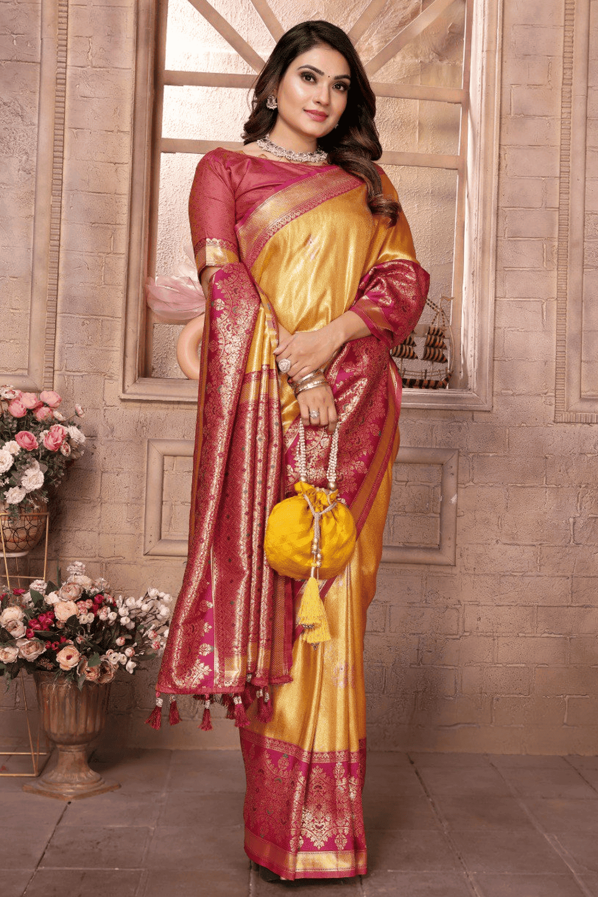 Yellow Colour Woven Work Pure Banarasi Tissue Silk Traditional Saree