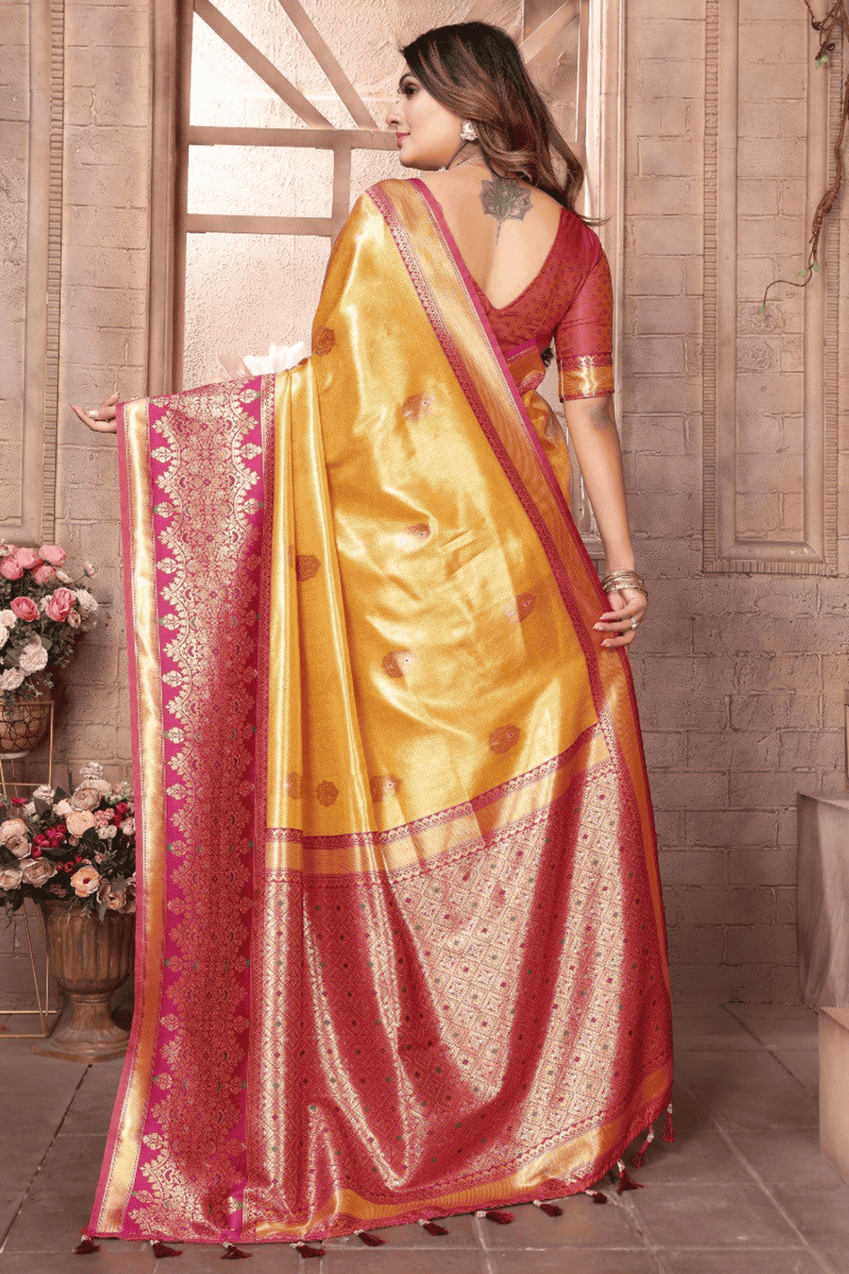 Yellow Colour Woven Work Pure Banarasi Tissue Silk Traditional Saree
