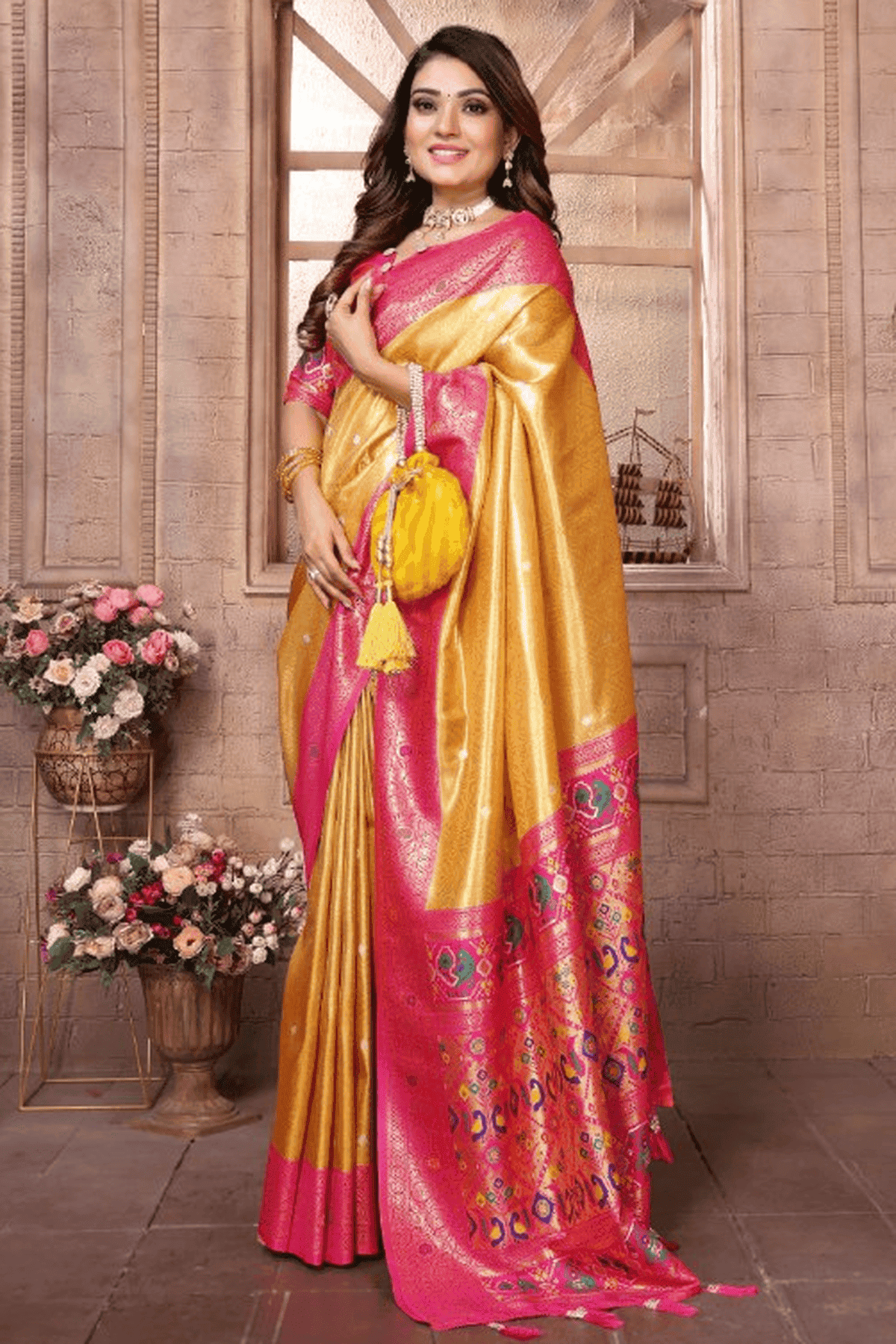 Yellow Colour Woven Work Pure Banarasi Tissue Silk Traditional Saree
