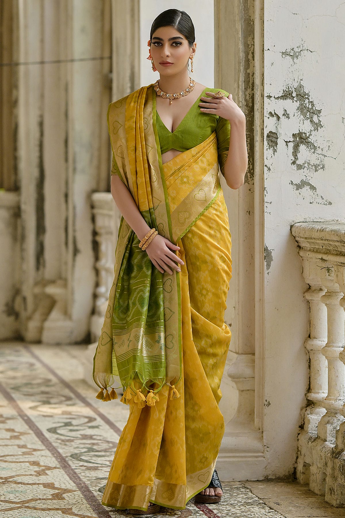 Yellow Colour Woven Work Raw Silk Saree