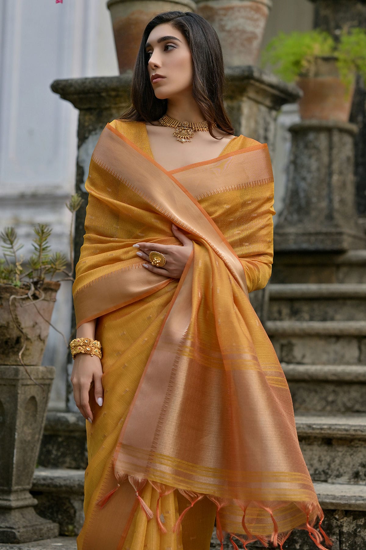 Yellow Colour Woven Work Soft Tussar Silk Saree