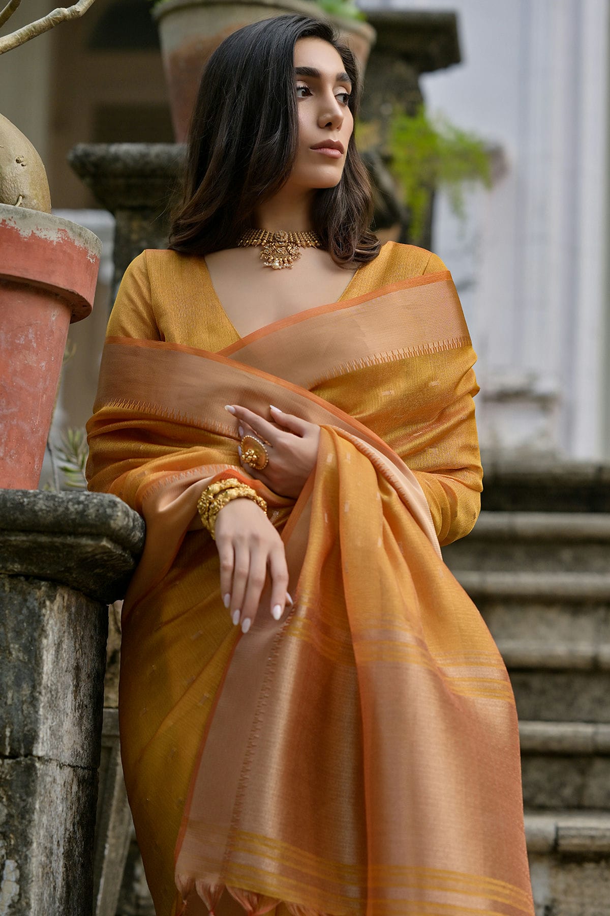 Yellow Colour Woven Work Soft Tussar Silk Saree