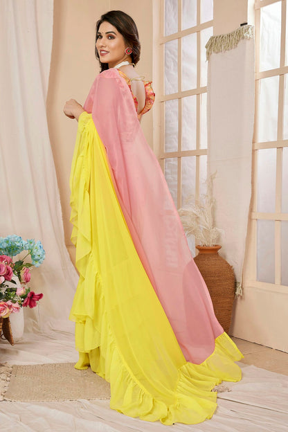Yellow and Pink Colour Georgette Ruffle Saree VSSD1180100