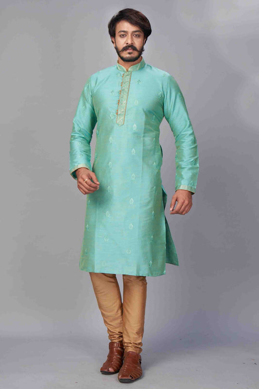 Aqua Blue Colour Kurta Pajama In Jacquard Silk VSKP1210052