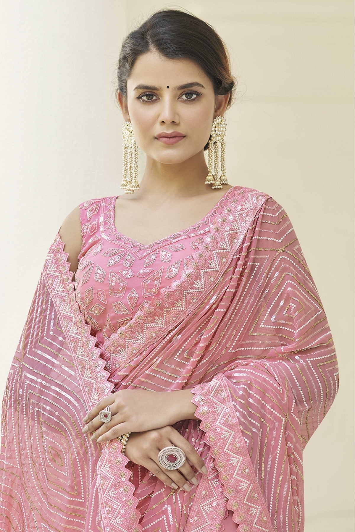 Baby Pink Colour Georgette Thread Work Saree