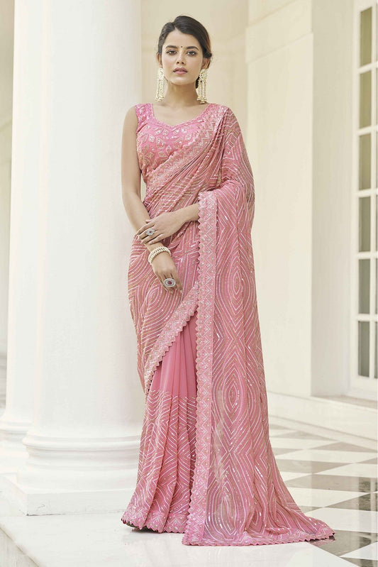 Baby Pink Colour Georgette Thread Work Saree