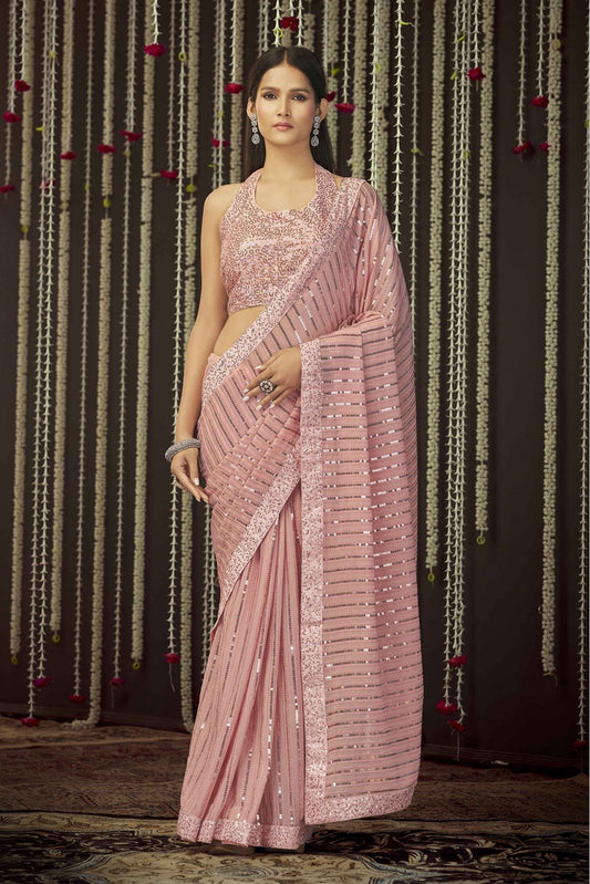 Baby Pink Colour Georgette Thread Work Saree