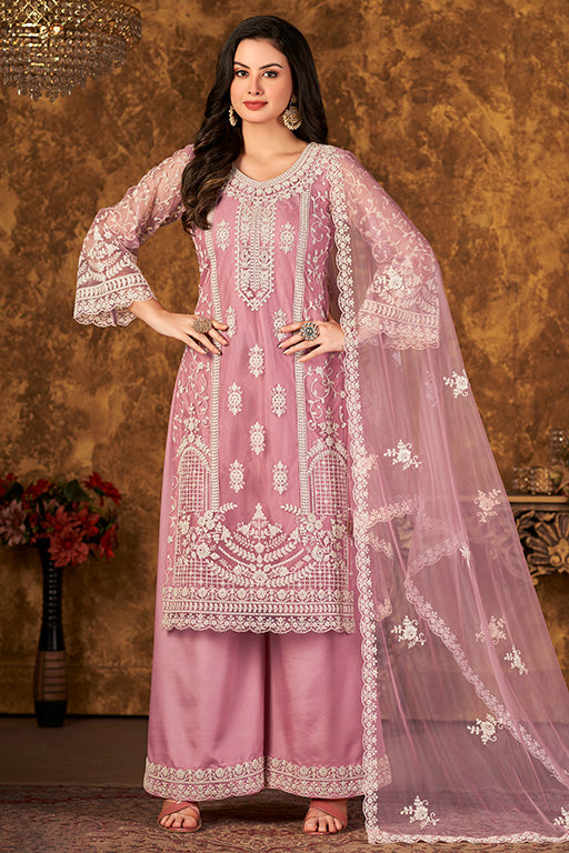 Baby Pink Colour Net Semi Stitched Palazzo Pant Suit VSSM1050337