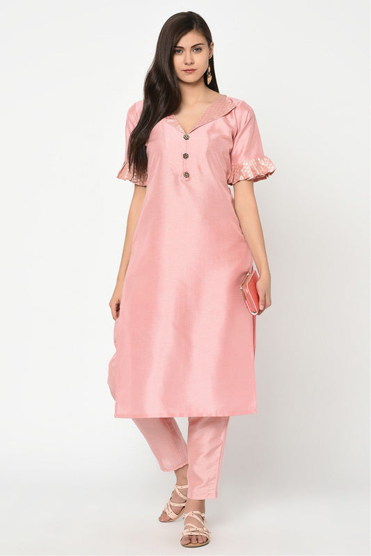 Baby Pink Colour Plus Size Poly Silk Straight Kurta With Pant VSKR1060133
