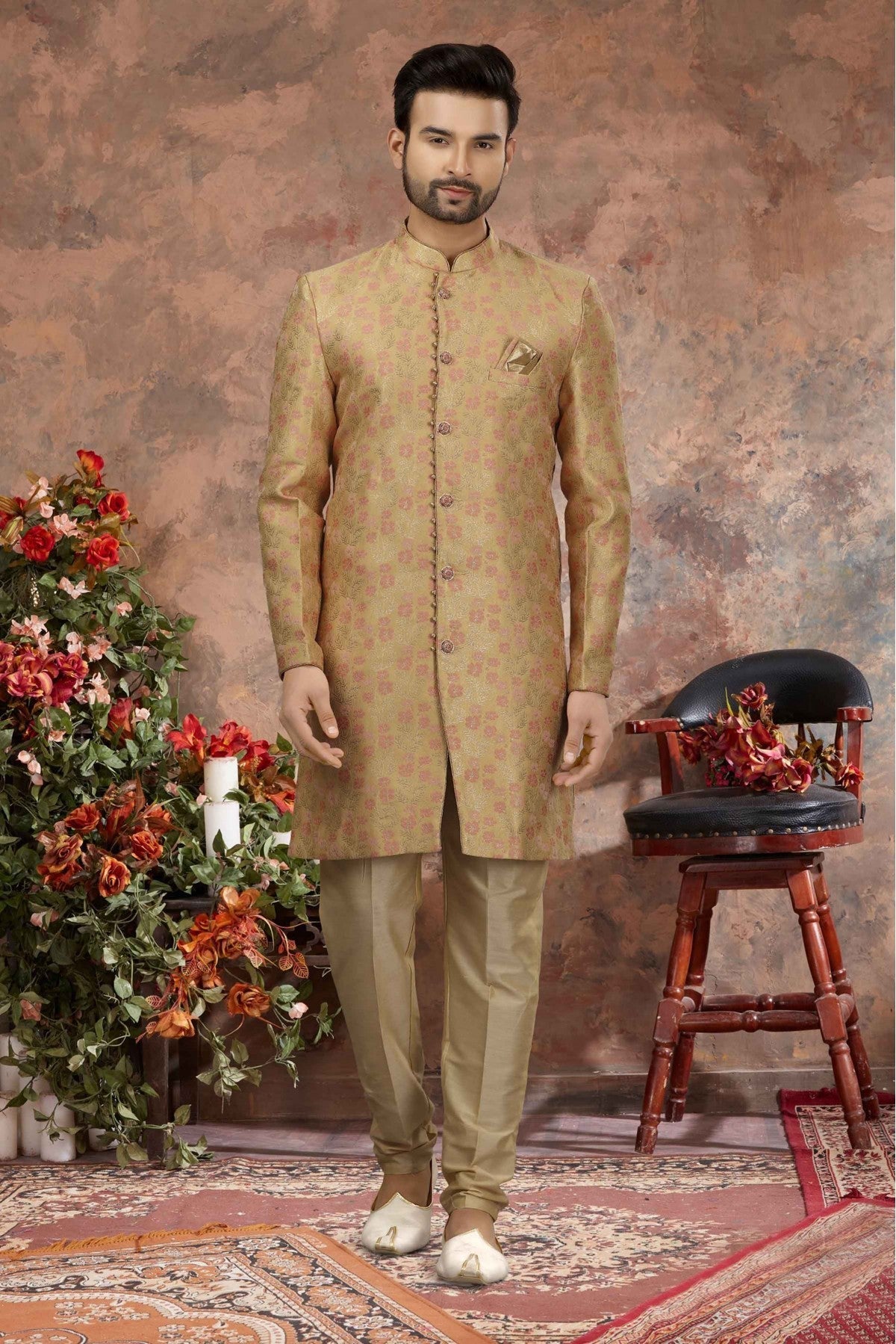 Beige Colour Jacquard Woven Sherwani VSSH1040322
