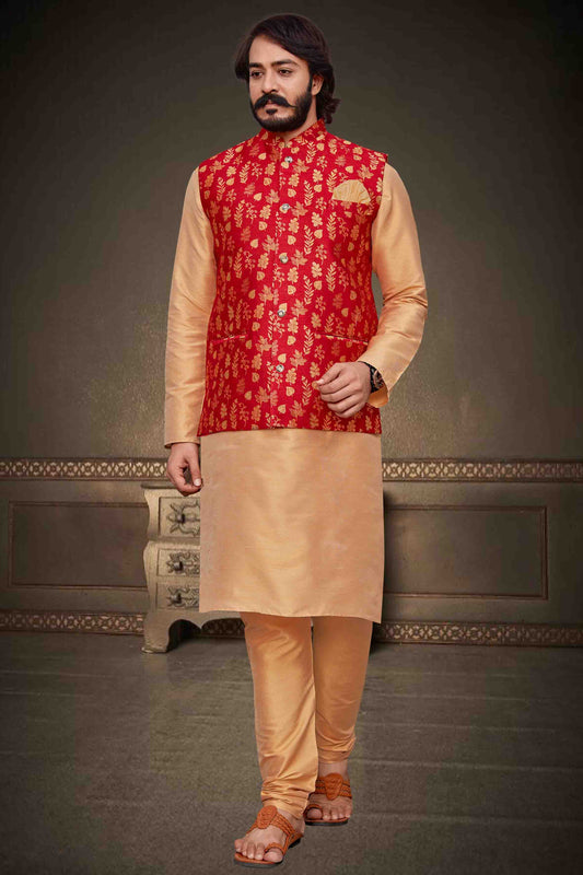 Beige Colour Kurta Pajama With Jacket In Art Silk VSKP1210353