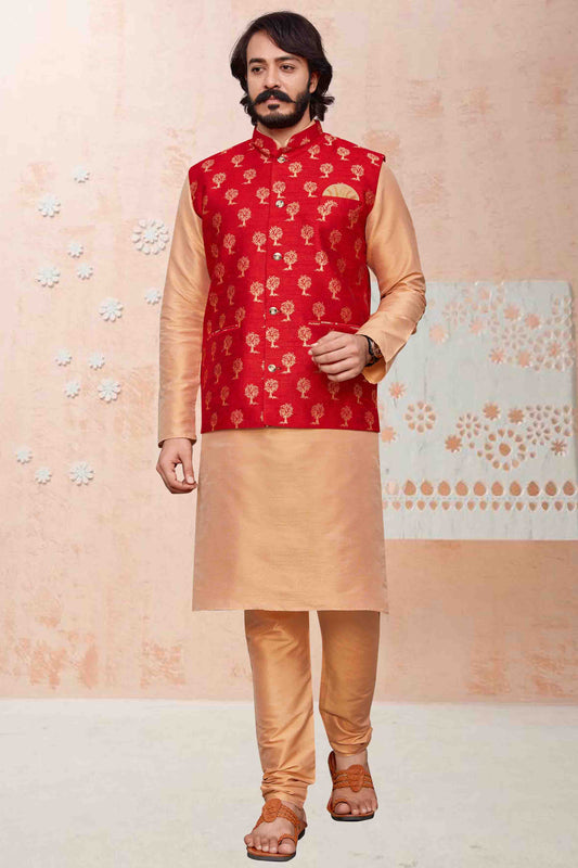 Beige Colour Kurta Pajama With Jacket In Art Silk VSKP1210354