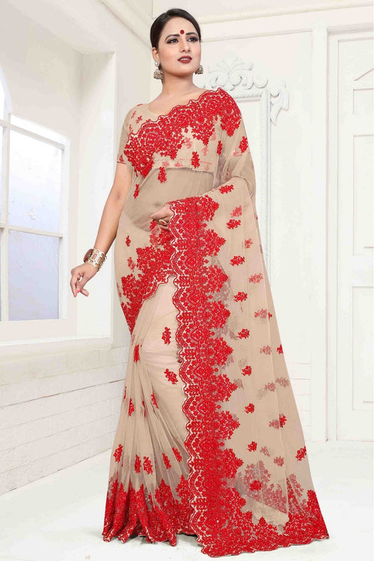 Beige Colour Net Designer Saree VSSD1090046