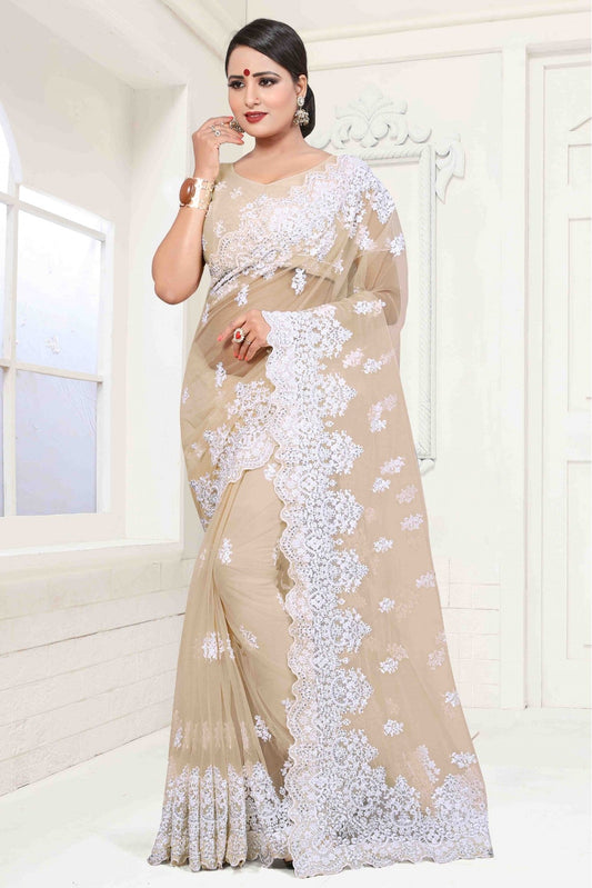 Beige Colour Net Designer Saree VSSD1090048