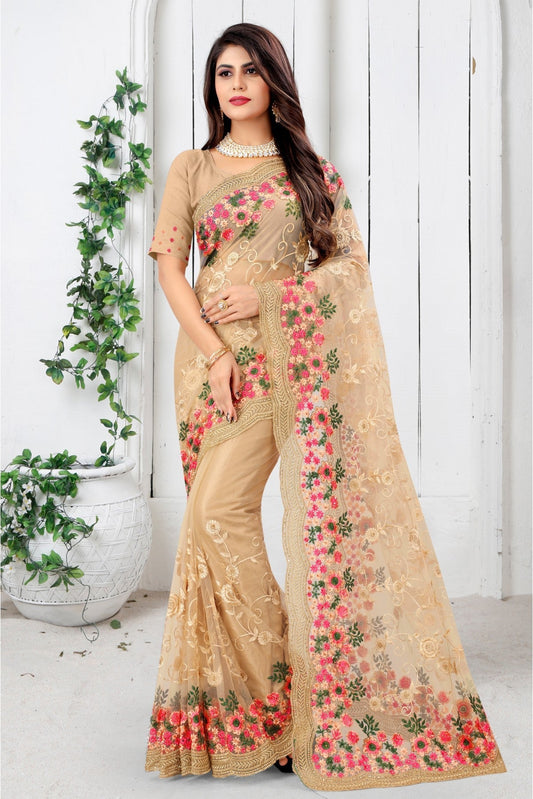 Beige Colour Net Embroidery Saree VSSD1090452