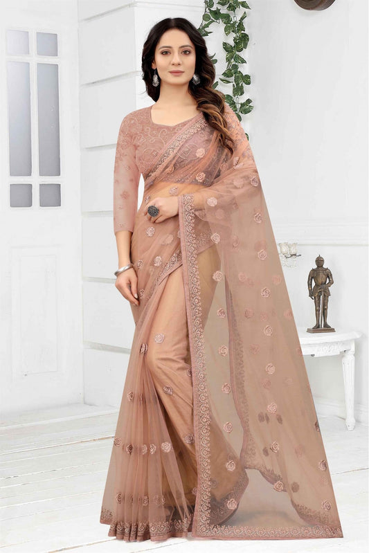 Beige Colour Net Embroidery Saree VSSD1120880