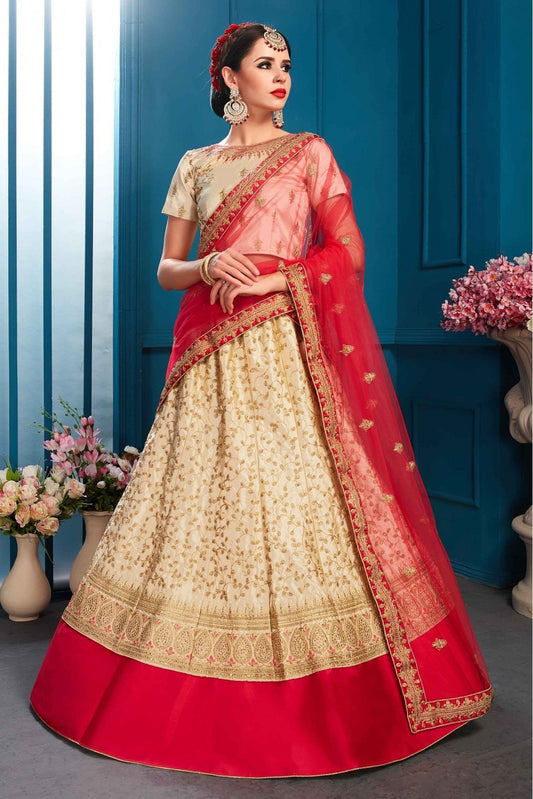 Beige Colour Satin Embroidery Lehenga Choli VSLC1080456