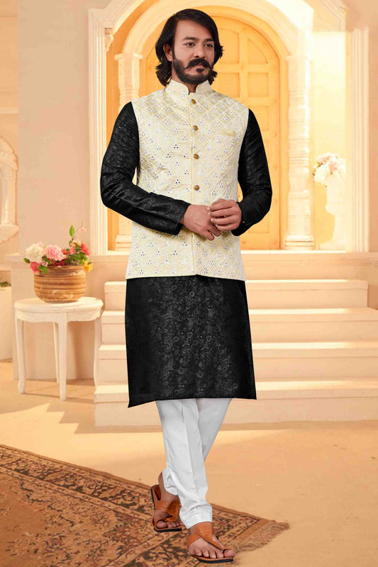 Black  Colour Kurta Pajama With Jacket In Art Silk VSKP1210375