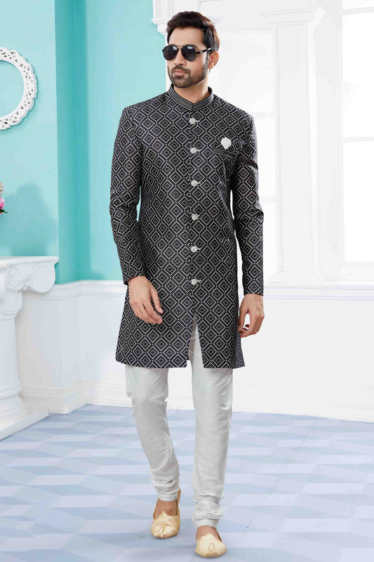 Black Colour Indo Western In Jacquard Fabric VSSH1040445