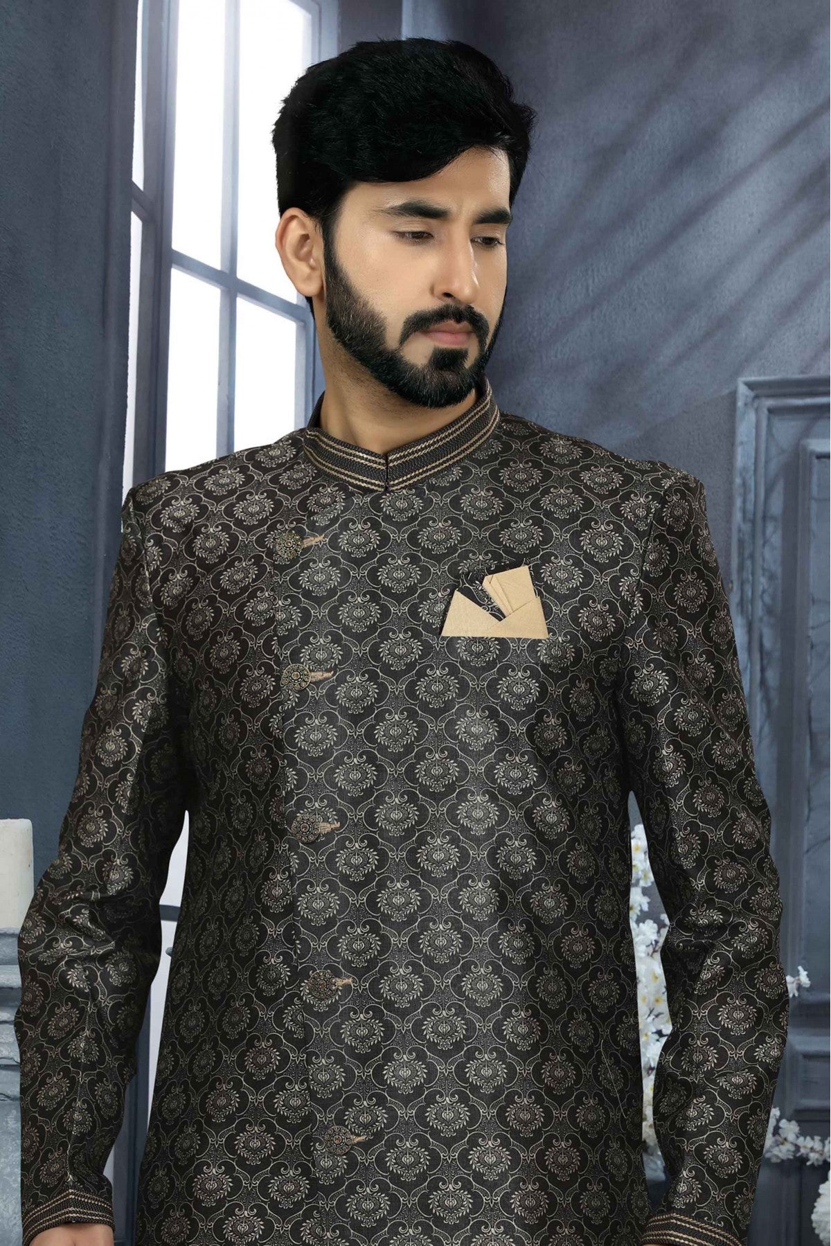 Black Colour Jacquard Digital Print Sherwani VSSH1040346