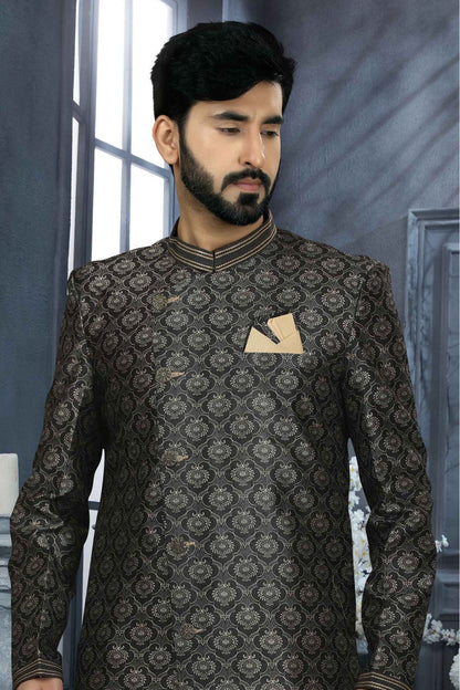 Black Colour Jacquard Digital Print Sherwani VSSH1040346