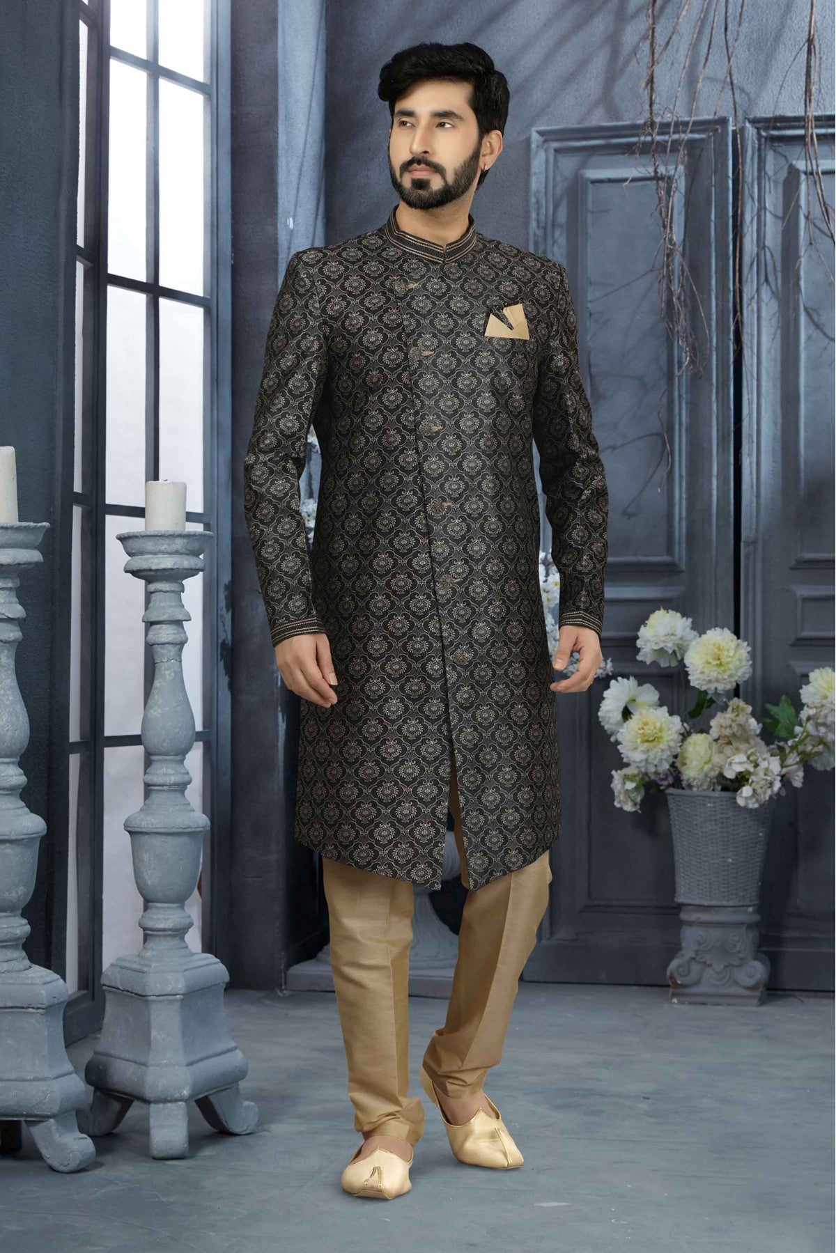 Black Colour Jacquard Digital Print Sherwani VSSH1040346