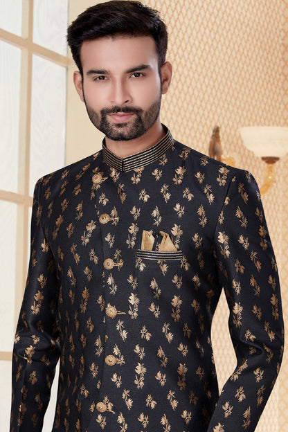 Black Colour Jacquard Sherwani VSSH1040250