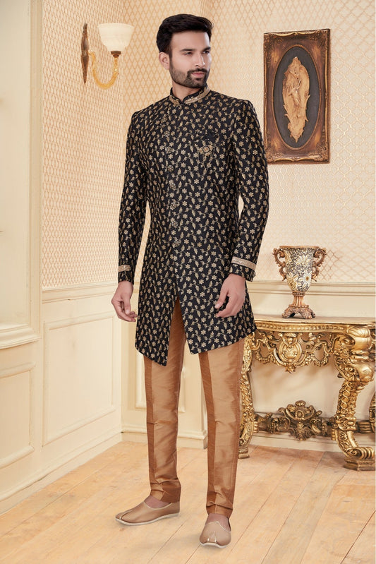 Black Colour Jacquard Sherwani VSSH1040264