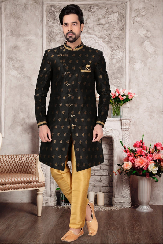 Black Colour Jacquard Sherwani VSSH1040302