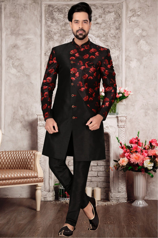 Black Colour Jacquard Sherwani VSSH1040306