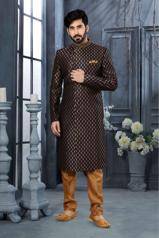 Black Colour Jacquard Woven Sherwani VSSH1040341