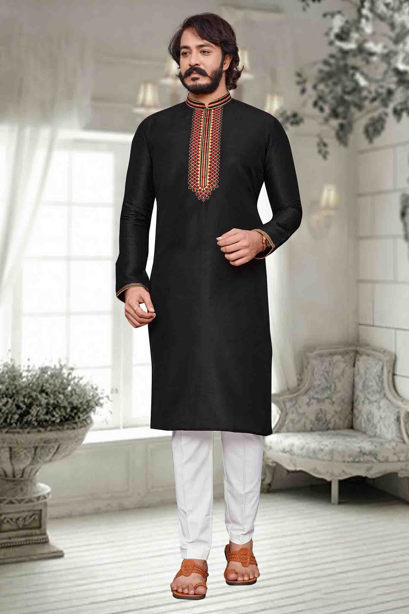 Black Colour Kurta Pajama In Art Silk VSKP1210085