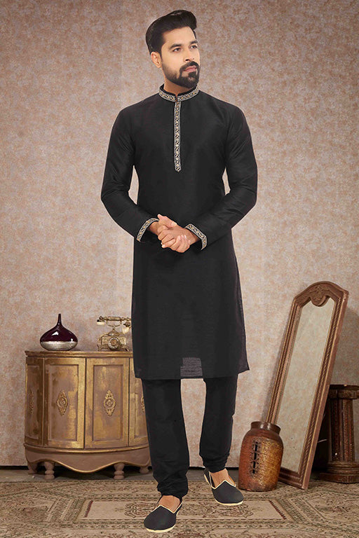 Black Colour Kurta Pajama In Dupion Silk VSKP1210138