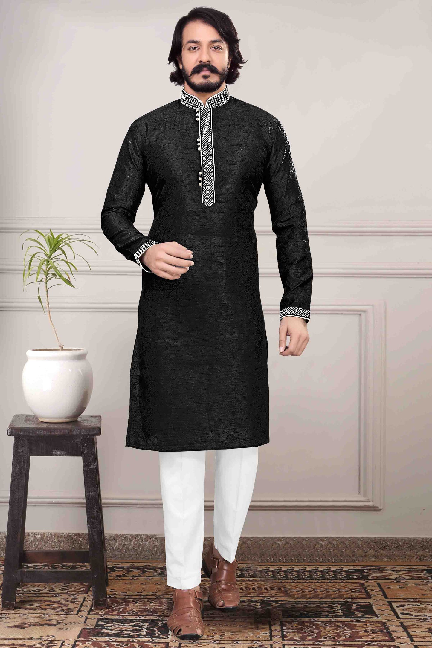 Black Colour Kurta Pajama In Jacquard Silk VSKP1210026